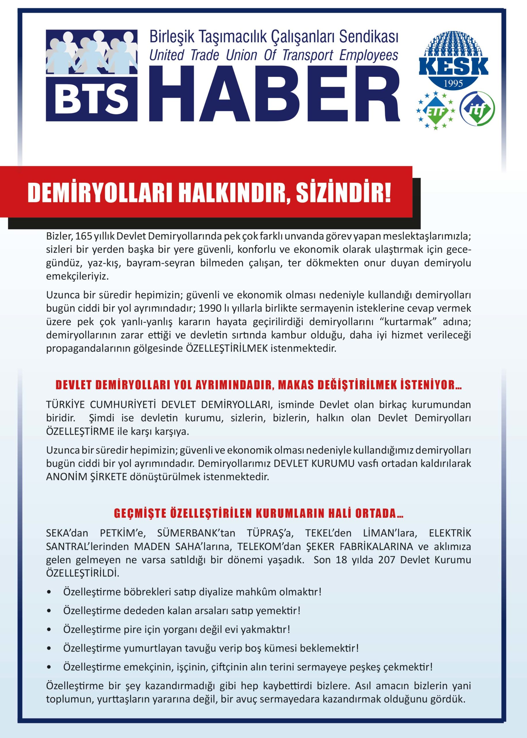 "DEMİRYOLLARI HALKINDIR, SİZİNDİR!" Bildirimiz Yayınlandı.